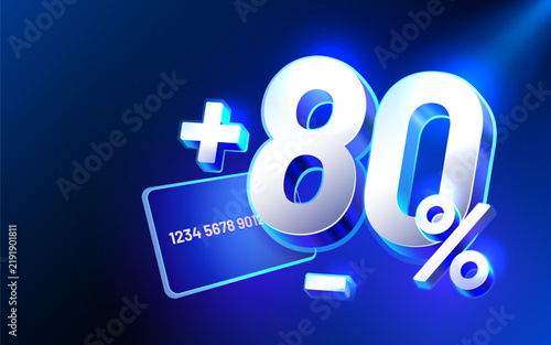 Shimmering 3D 80 discount sign with a credit card on a vibrant blue background.