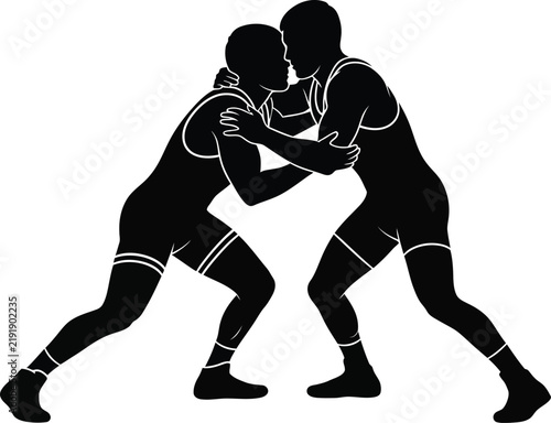 Two male wrestlers in grappling pose silhouette isolated on transparent background
