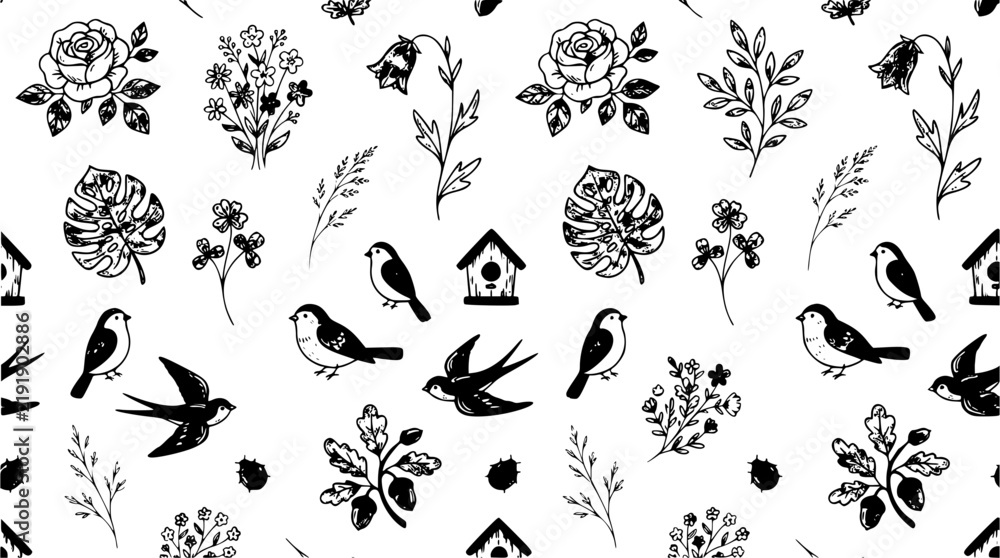 Fototapeta premium Cute Hand Drawn Botanical Flowers Plants and Birds Seamless Pattern