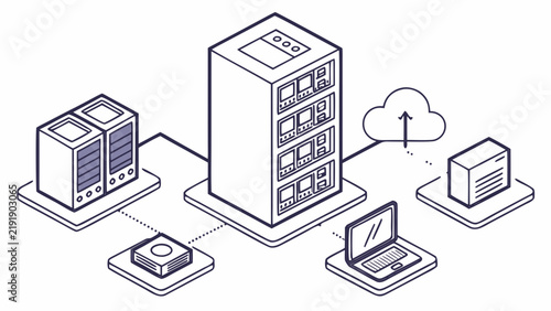 Obraz na płótnie Isometric data network diagram with central server connected to storage