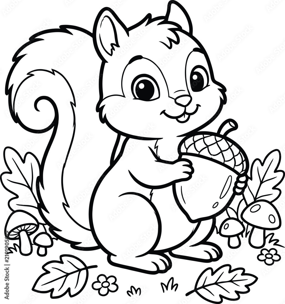 Obraz premium Cute cartoon squirrel holding an acorn