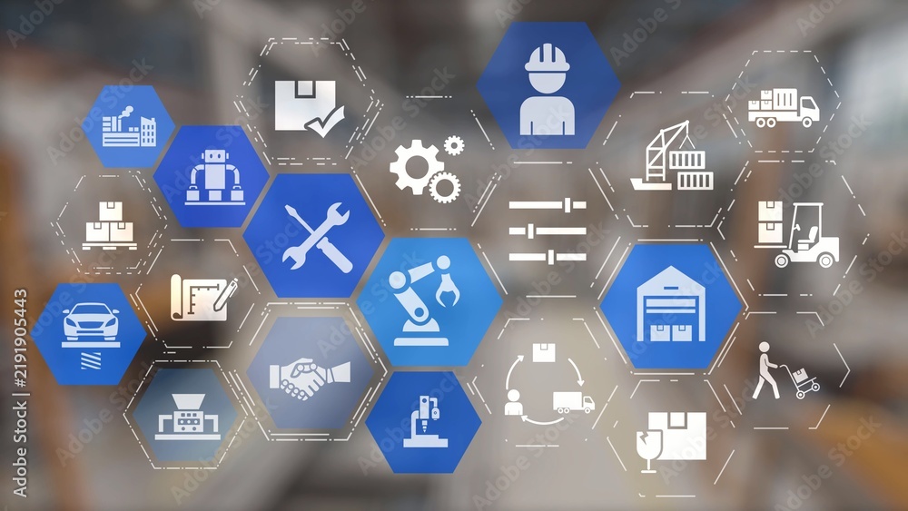 Obraz premium Mechanized industry automation and modern production system with robotic arms, gears, tools and logistics for efficient mechanized industry process. Gist