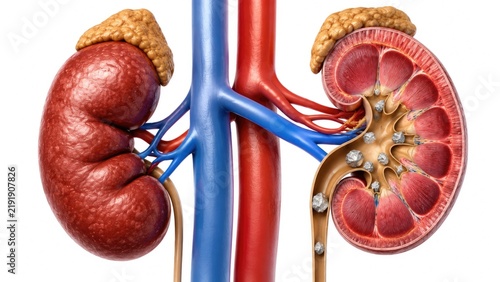 Human kidney anatomy with multiple renal stones, adrenal glands, blood vessels and urinary tract details isolated on white background