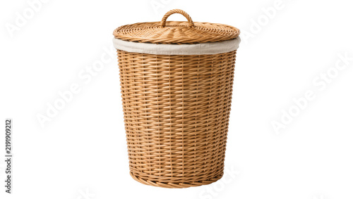 Fotografie Woven wicker laundry hamper with fabric liner and lid, isolated on transparent b