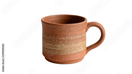 Bild auf Leinwand Rustic terracotta ceramic mug with textured surface, isolated on transparent bac