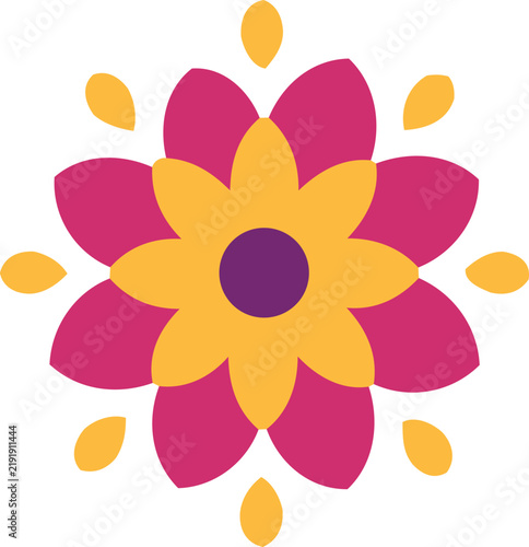 Colorful Indian Decorative Flower Flat Vector Illustration
Decorative flat vector illustration of a large colorful flower with layered pink, orange and yellow petals and a purple center.