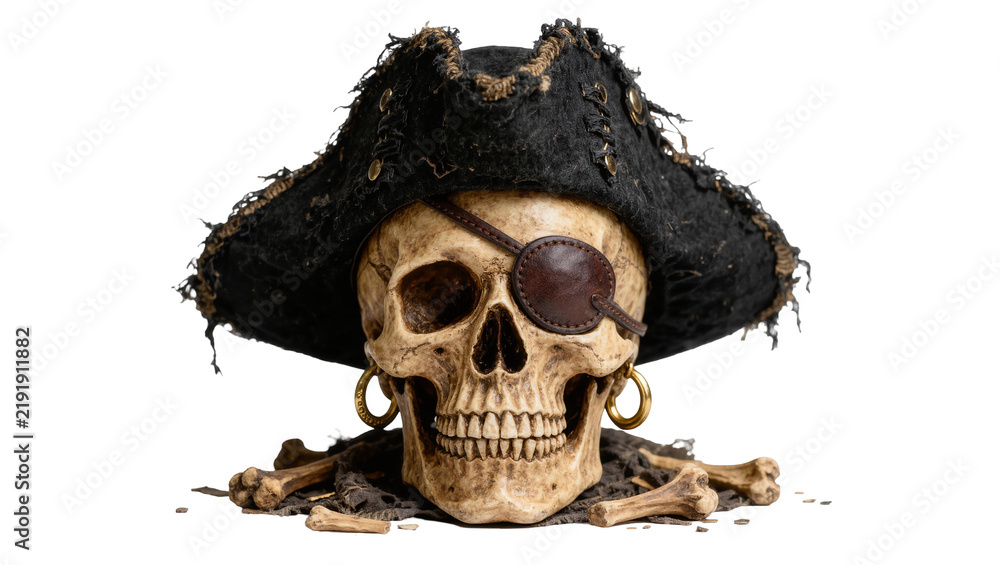 Fototapeta premium Pirate skull with eyepatch and gold earring resting on bones, isolated on transparent background