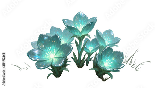 Konstfotografi Glowing turquoise bioluminescent flowers with sparkling petals, isolated on tran