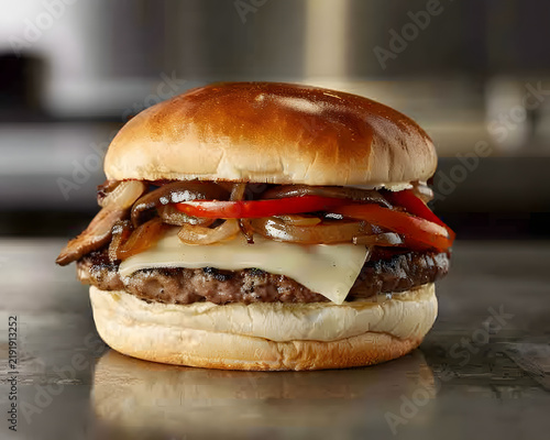 Gourmet flame grilled beef cheeseburger topped with melted Swiss cheese savory caramelized onions and roasted red peppers on a soft toasted bun perfect for quality restaurant menu ads