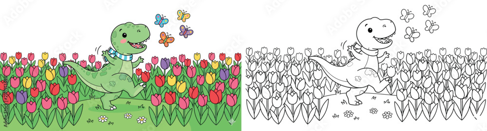 Obraz premium Cute Cartoon Dinosaur in a Vibrant Spring Tulip Field with Butterflies