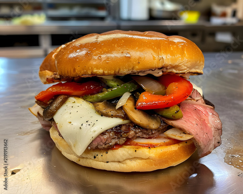Premium gourmet roast beef steak burger served on toasted brioche bun melted swiss cheese sauteed mushrooms grilled red green bell peppers onions professional commercial kitchen setting background