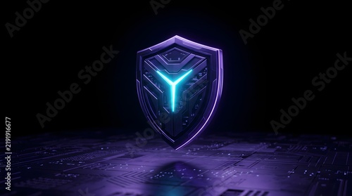 A futuristic shield with glowing neon lines rests on a circuit board surface