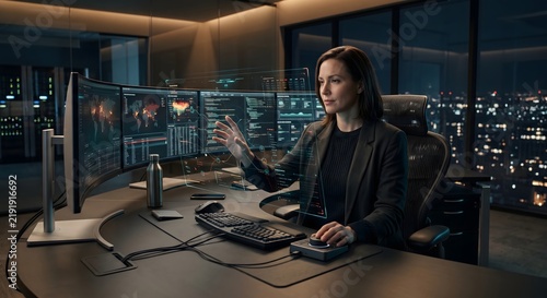 Woman interacting with holographic data displays in a modern office setting