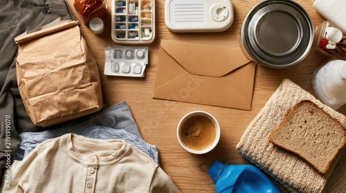 Kitchen table shows groceries needing storage  children   s clothes  medicine  and cleaning supplies along with a half-finished coffee.