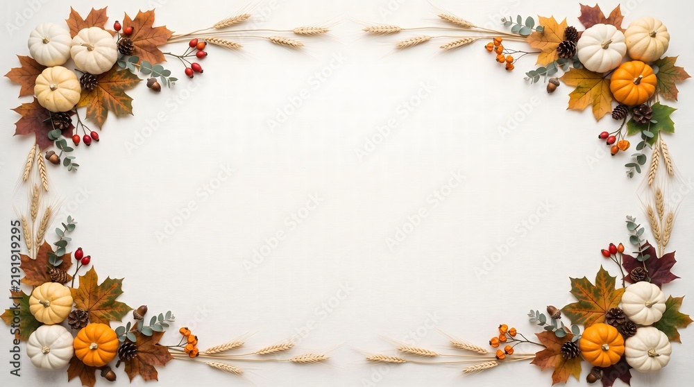 Fototapeta premium A beautiful thanksgiving floral border with pumpkins leaves and candles for a festive autumn celebration