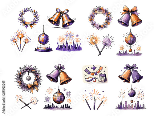 New Years’s Day.  Festive illustrations of bells, wreaths, and fireworks for celebrations  