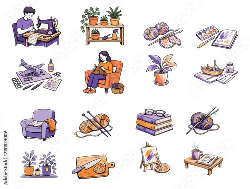 Illustrations of indoor hobbies and activities in a cozy setting  