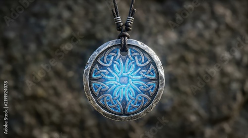 Ancient magical necklace, a powerful silver amulet engraved with detailed Celtic knots that glow with blue mystical energy, hanging with threads, talisman, artifact, necklace
