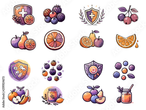 Fruit illustrations with health symbols and colorful designs.  Immune system boost, Berries  