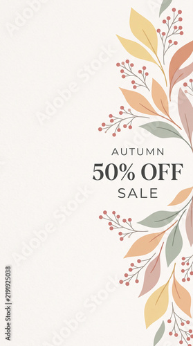 Autumn sale announcement with stylized leaves and berries, showcasing a seasonal discount concept, ideal for marketing and promotion.