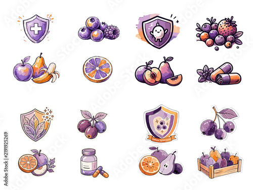 Colorful fruit and health icons featuring berries and supplements  