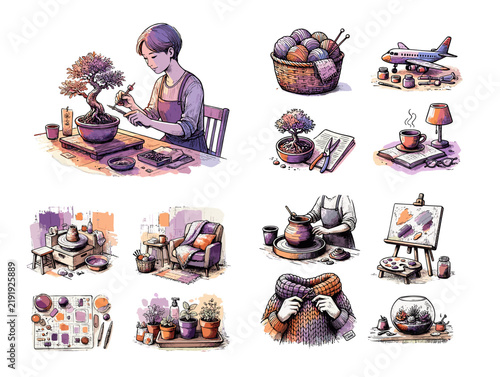 Young woman practicing bonsai gardening at home with creative items  
