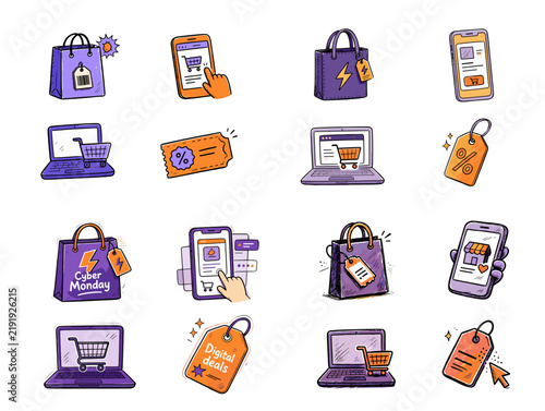 Digital shopping icons in vibrant colors representing online commerce. Cyber Monday  