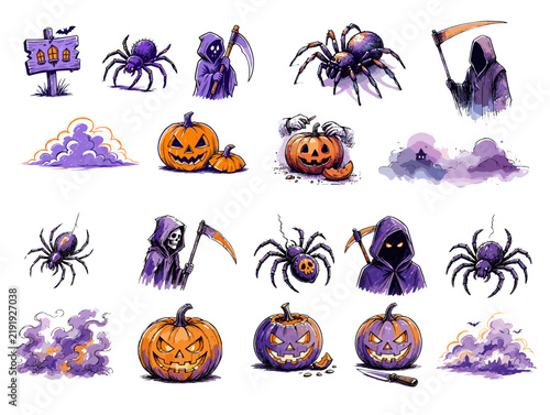 Halloween-themed illustrations of pumpkins, spiders, and ghosts  