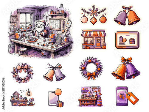 Santa preparing gifts in a festive workshop with decorations and wreaths  