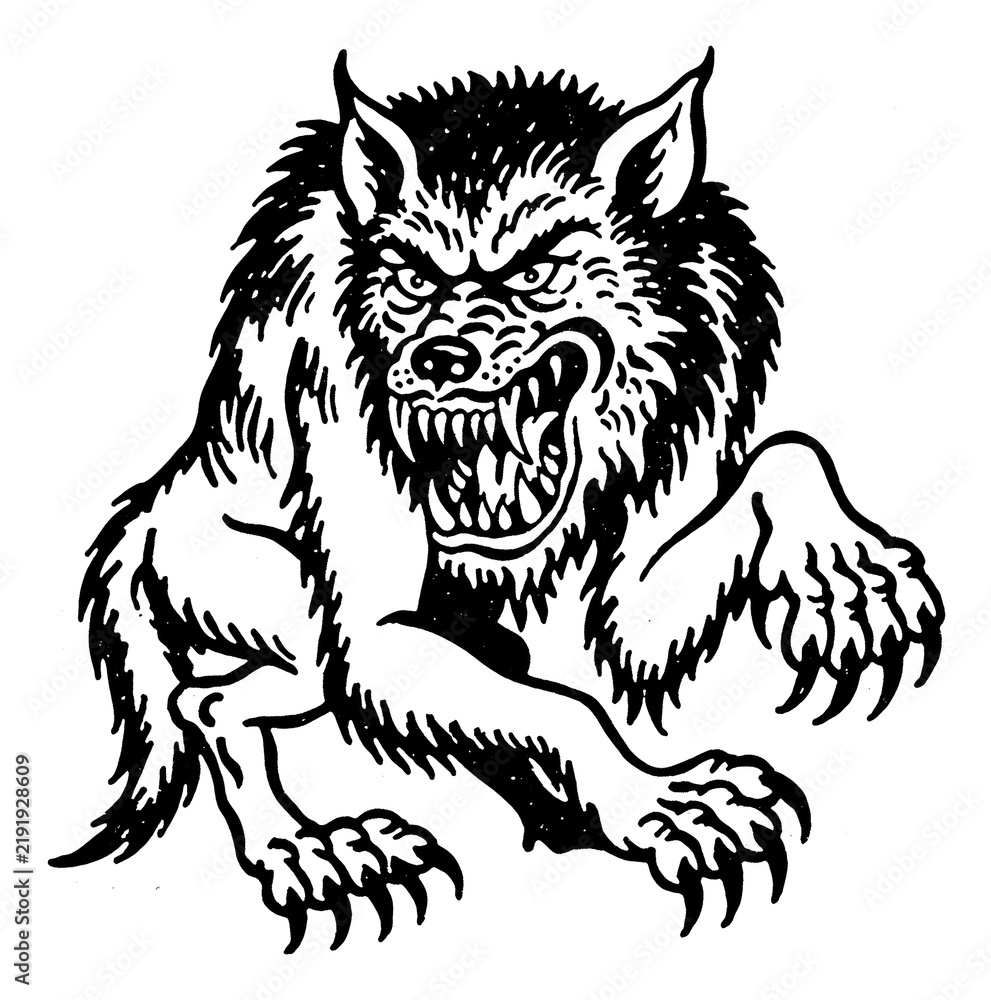 Fototapeta premium PNG Menacing snarling werewolf black and white transparent illustration