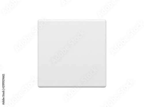 White square button with a smooth matte finish against a plain background.