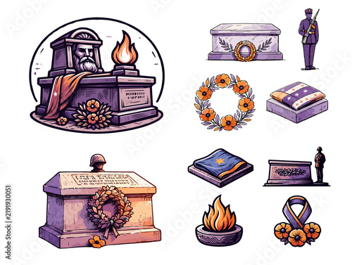 Memorial symbols including tombstones, wreaths, and eternal flame  