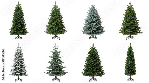 Collection of various artificial christmas trees isolated on transparent background