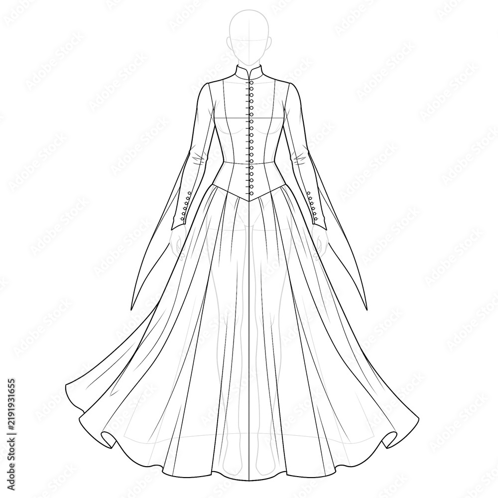 Fototapeta premium Hand drawn sketch of late gothic cotehardie dress isolated on white background. Ink line art illustration.