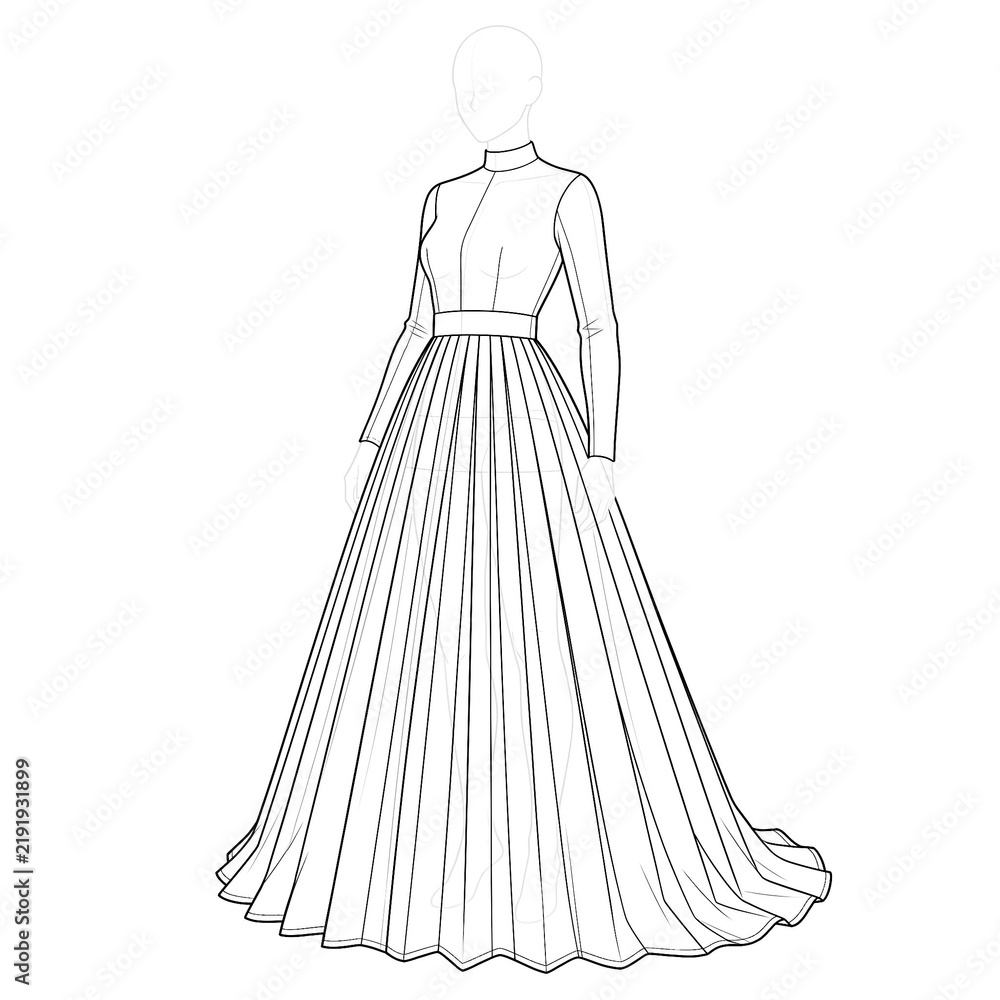 Fototapeta premium Hand drawn sketch of late gothic heavy fold dress isolated on white background. Line art illustration.