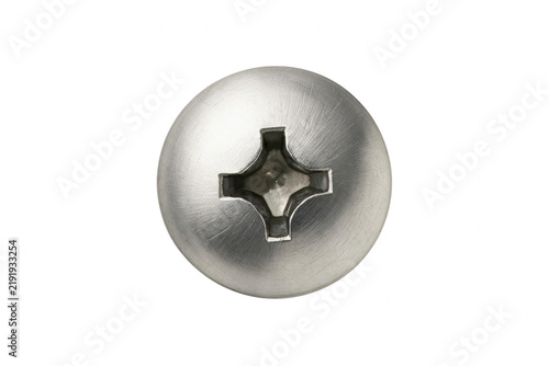 Fotografie Macro view of a circular metal screw head with a cross recess