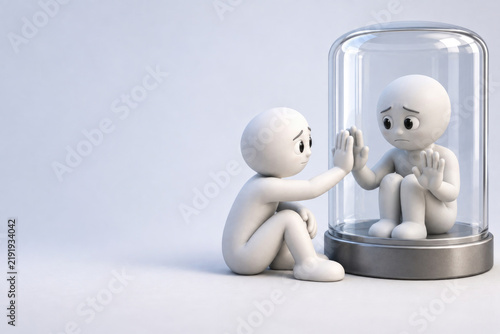 Two white figures separated by a transparent glass enclosure. Space for text.