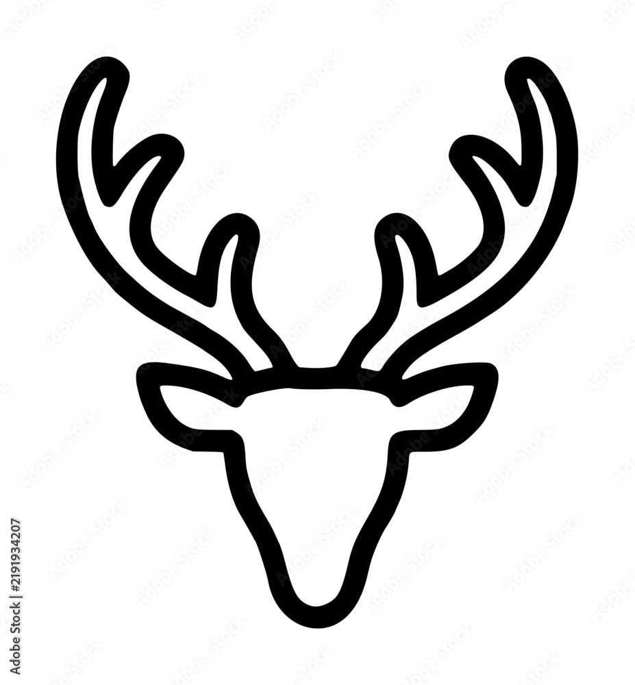 Fototapeta premium Frontal deer stag head silhouette featuring pointed ears, a tapered muzzle, and large branching multi-tined antler horns extending upward, clean outline vector icon on a plain white backdrop