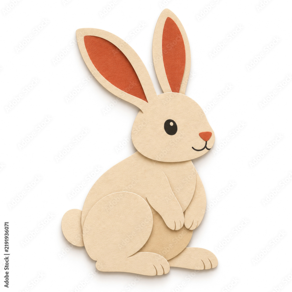 Fototapeta premium Beige paper cutout rabbit sits on a white background.