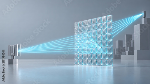 Plakat 3D 6G terahertz communication and RIS smart surface concept, translucent metamaterial array with glowing THz beamforming vector with copy space
