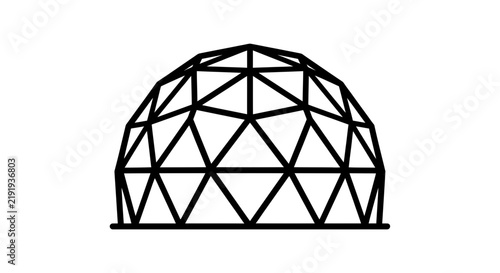 Minimalist Black Line Art Geodesic Dome Icon, Futuristic Engineering Construction and Triangular Mesh Framework Symbol