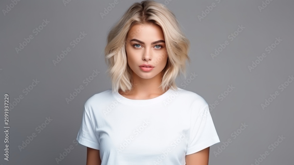 Fototapeta premium attractive and pretty woman in white mock-up T-Shirt, looking into camera