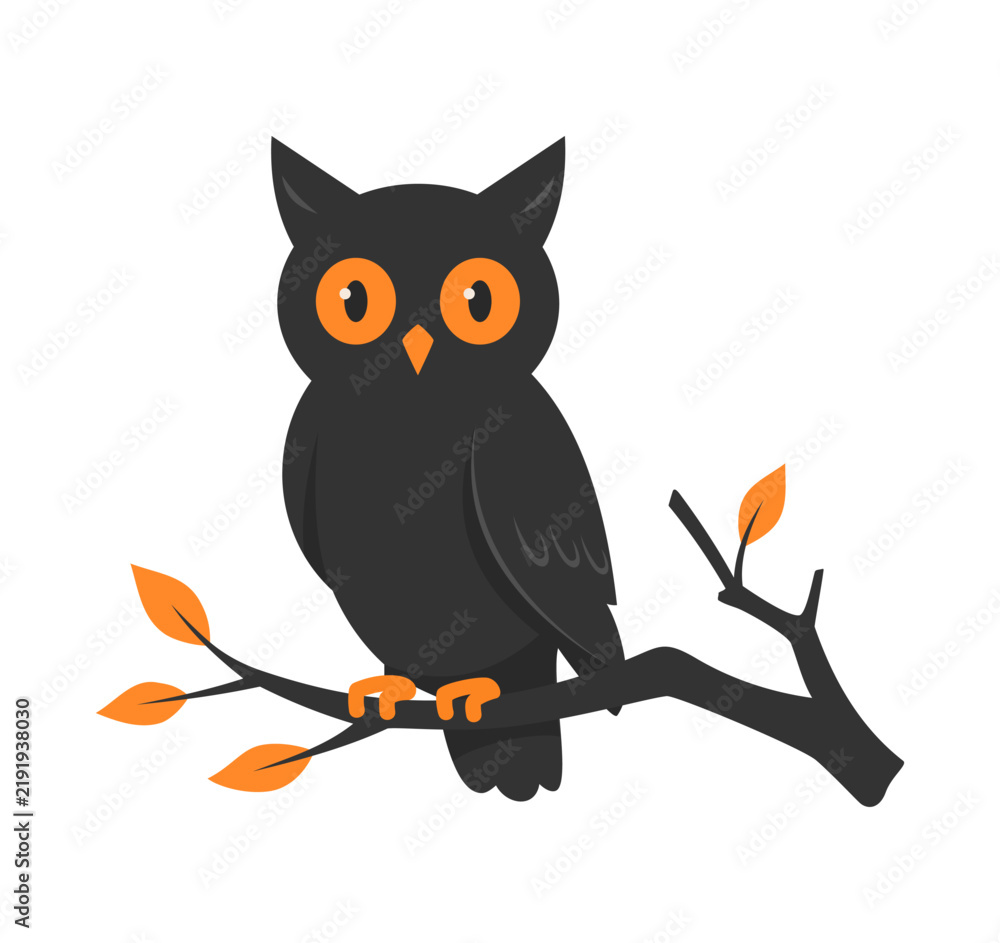 Fototapeta premium Black owl with orange eyes on a branch a Halloween character. Flat vector illustration isolated on a white background