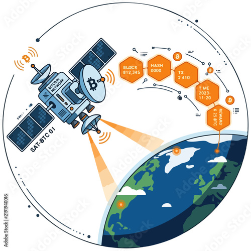 Bitcoin Network Satellite Space Blockchain Technology Vector Illustration