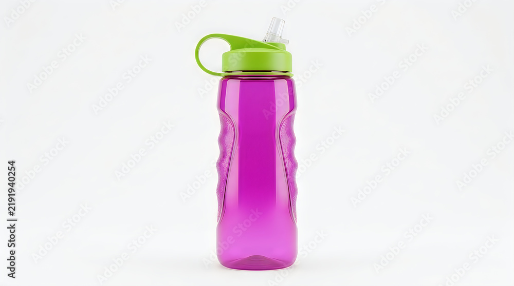 Obraz premium A purple plastic water bottle with a green lid and straw isolated on white background