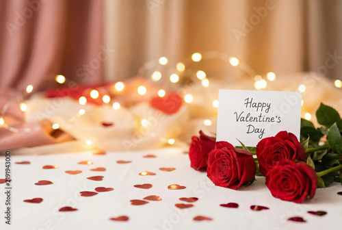Happy Valentines Day Card With Red Roses And Lights