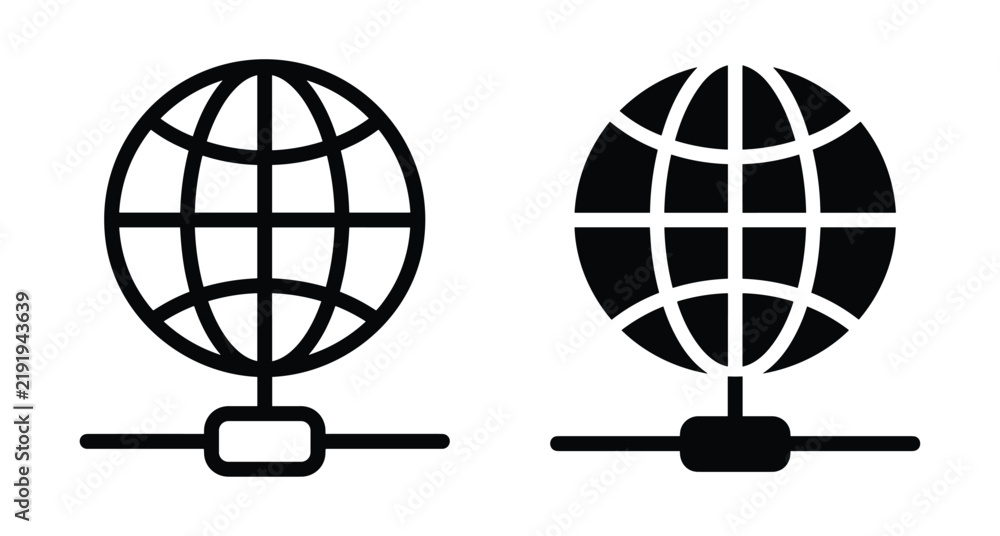 Obraz premium Global network connection icons showing world globe connected to internet server line in outline and solid black flat vector style