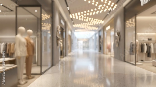 Blurred modern retail shopping mall interior background with bright storefront