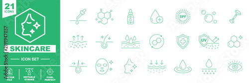 Skincare treatment line icon set vector, facial beauty and dermatology outline symbols collection with serum, exfoliation, hydration, UV protection, skin renewal and cosmetic care elements