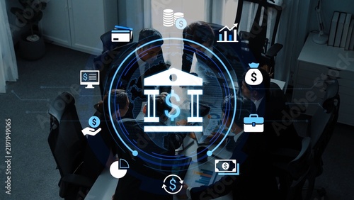 Fotografie Modern Financial Technology Concept with People Collaborating in Office Environment Featuring Digital Banking and Financial Growth Elements